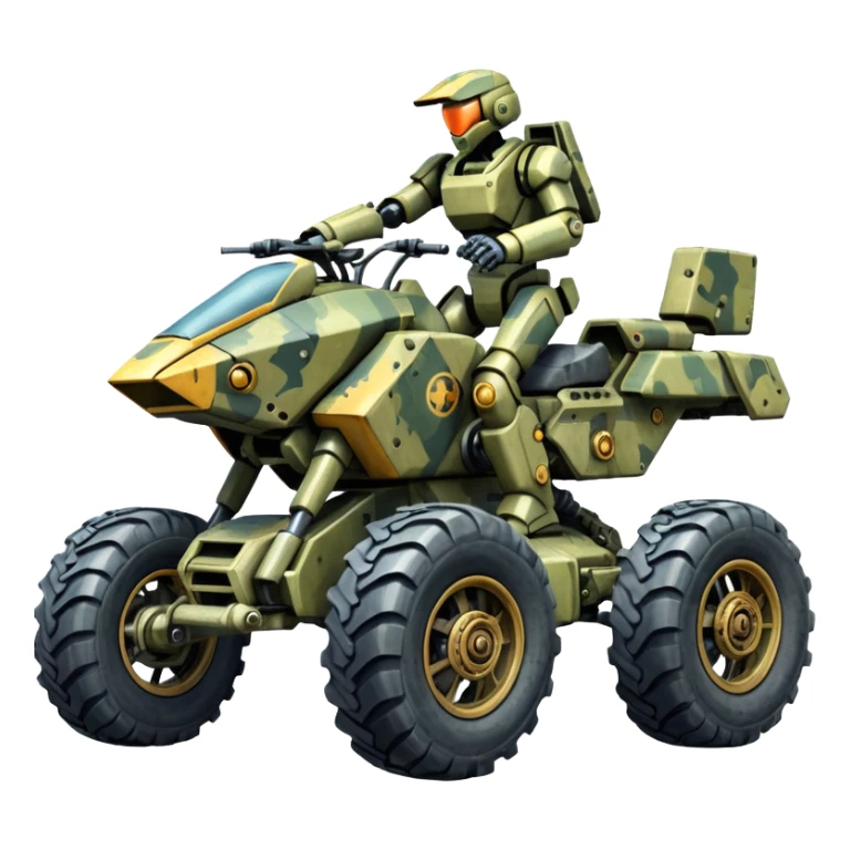 a 4-wheel camouflage army massive mech motorcycle shooting forward enemy mech off-road racing motorcycle  sticker