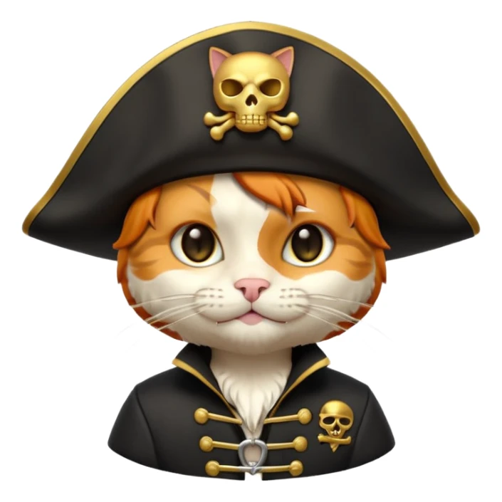 Premium 3D emoji icon of a cute ginger cat pirate, wearing a **pristine white** satin pirate hat with a gold skull icon, and a black and gold captain's jacket. Glossy finish, claymorphism style, soft studio lighting, isolated on white background, 8k resolution, stylized professional look --v 6.0 sticker
