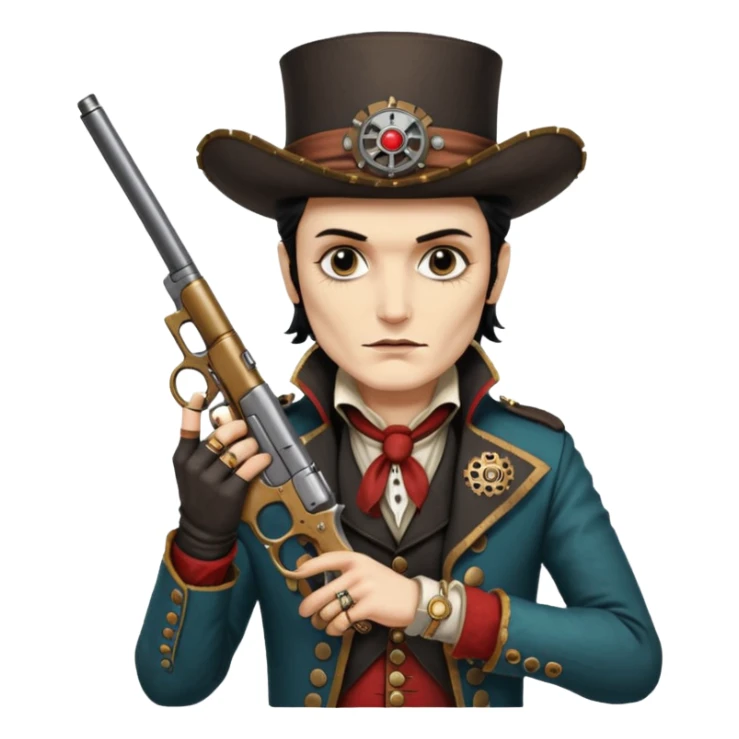 Adam Ant  painted with Indian war colors  is wearing like a highwaymen, holds two steam punk retro guns in his hands sticker