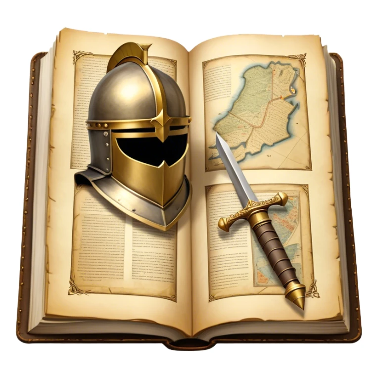 Icon for Historical Fiction Reading: an open book with pages showing ancient scrolls, a quill, a knight's helmet, and a parchment map. The icon should evoke the adventure and grandeur of historical settings and storytelling. Transparent background. sticker