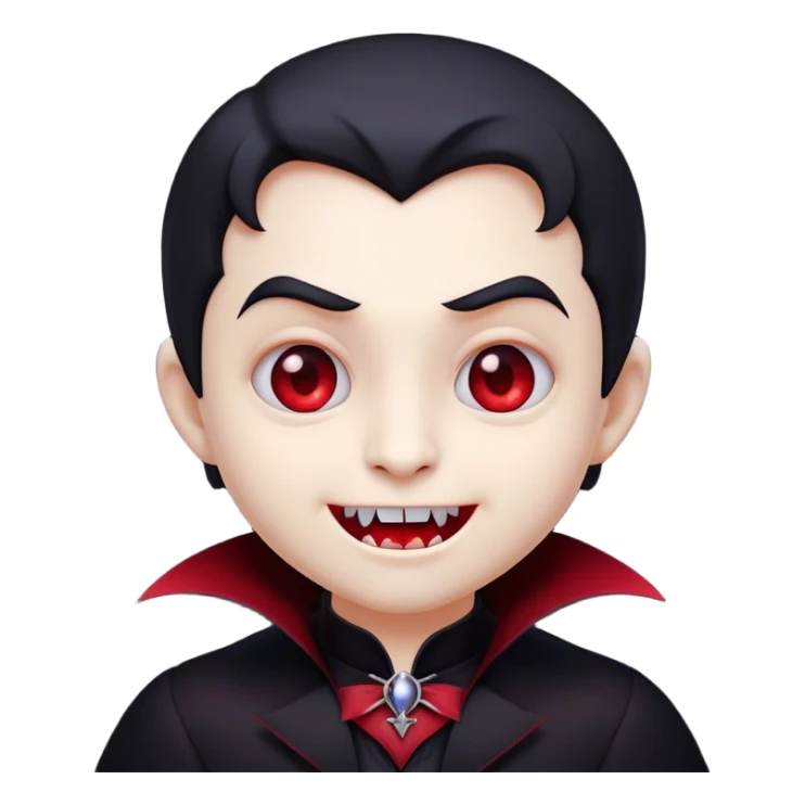 Cinematic Cute Vampire Portrait Emoji, with a refined yet playful small, rounded pale face accented by tiny, cute fangs and bright, twinkling eyes, sporting miniature elegant dark attire with a hint of crimson, simplified yet irresistibly charming, highly detailed with a soft glowing outline that captures the delightful duality of spooky sweetness and stylish allure! sticker