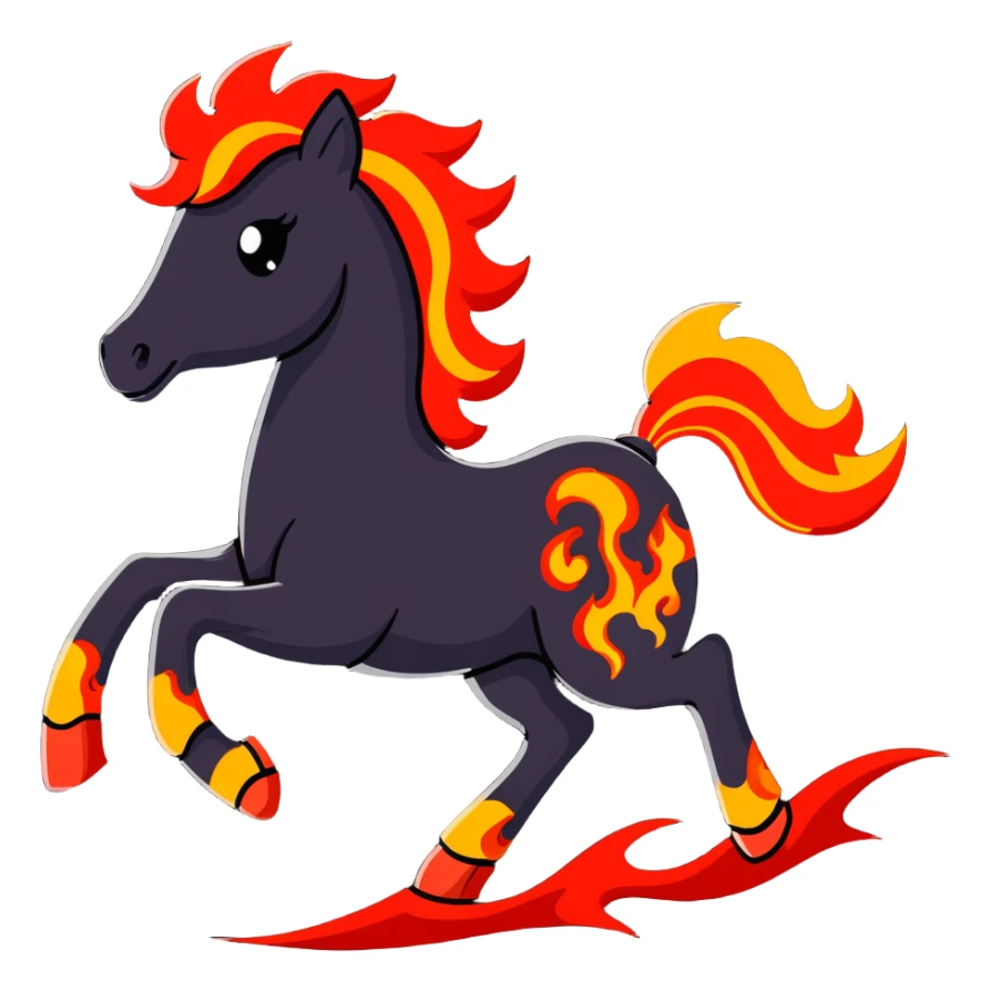 A red galloping horse composed entirely of fiery embers, magma flowing through its body, visible lava veins, flames burning along its mane and tail, with ash particles floating around it sticker