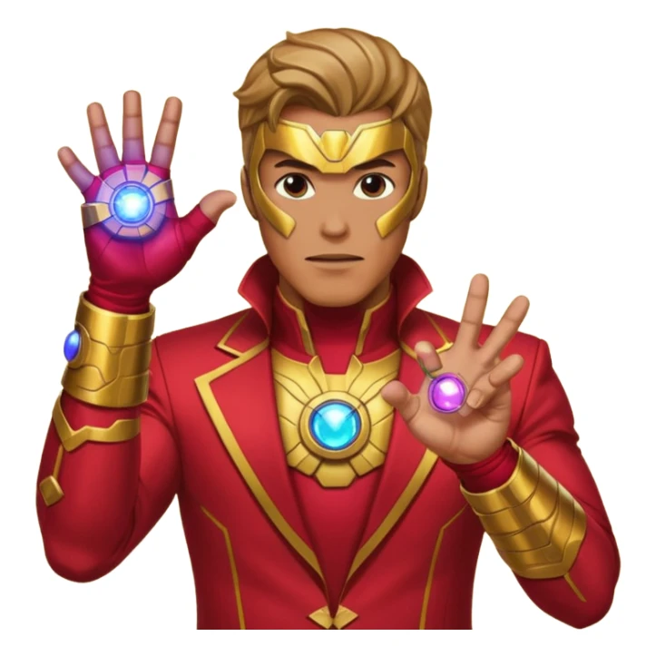 create an ironman with the infinity gauntlet emoji make it look really nice and make him snap his fingers with the infinity stone sticker