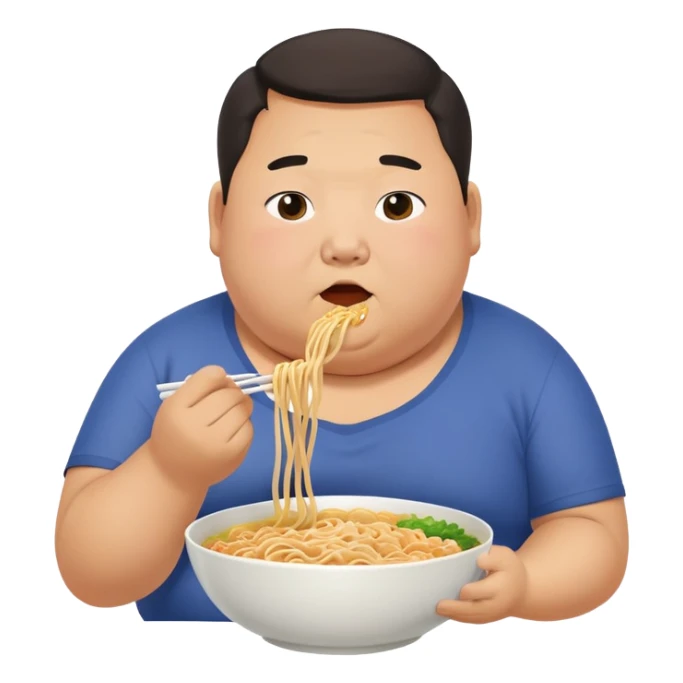 Fat asian man bursting out of clothes while eating noodles sticker