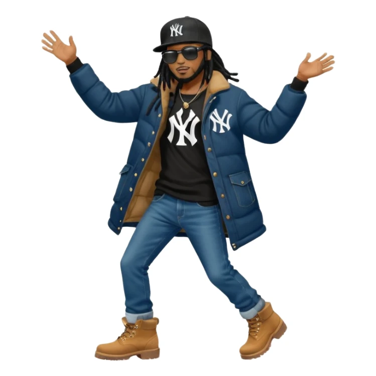 African American man with shoulder length black dreadlocks and black sunglasses wearing a black New York Yankees baseball hat  bubble winter coat with denim skinny jeans and timberland boots dancing sticker