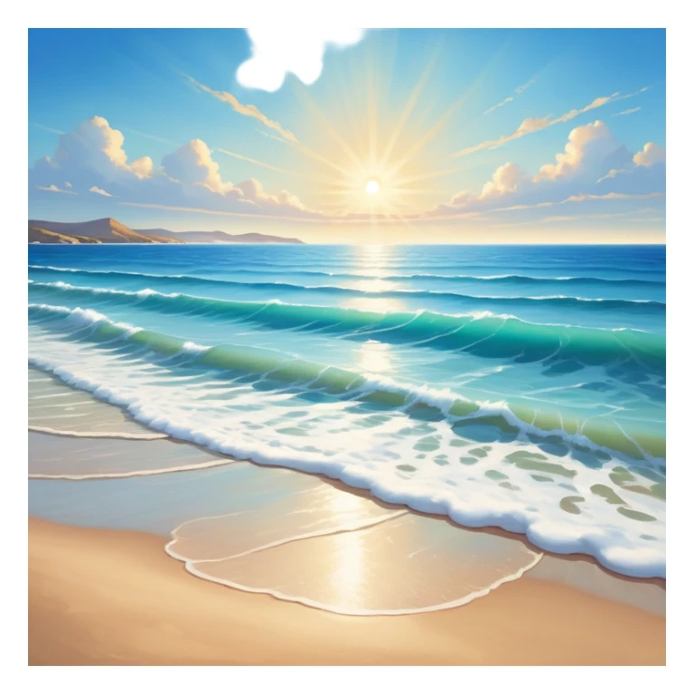A beautiful  shoreless seascape with waves in warm tones under a bright sun, with the azure sea occupying the foreground. The sunlight reflects off the water, creating a vibrant, peaceful atmosphere. The background features a stunning sky with soft clouds and a distant horizon. sticker