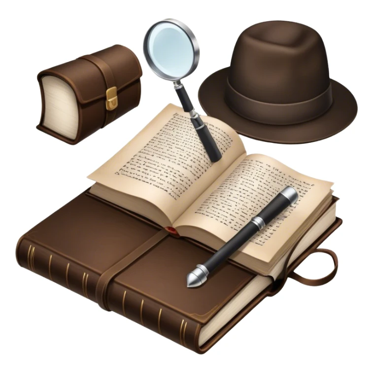 Icon for Detective Reading: an open book with text and a magnifying glass, a detective’s hat and a notebook with clues, surrounded by dark shadows and mysterious elements like footprints. Transparent background. sticker