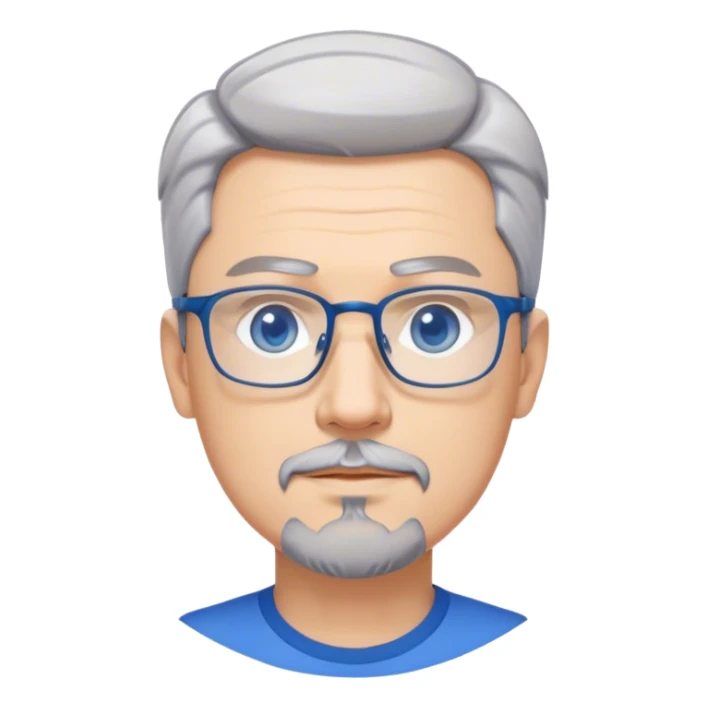 The character is a confident middle-aged modern man with short gray hair, a well-groomed pointed goatee, bright blue-gray anime-style eyes, and stylish rimless rectangular glasses. sticker