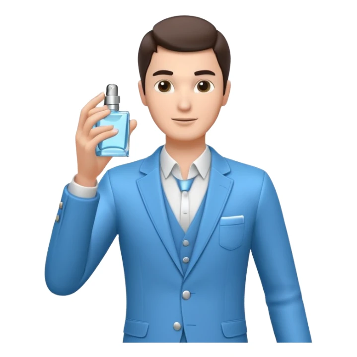 stylish man spraying perfume, holding a perfume bottle, mist spray in the air, elegant pose, 3D cartoon, mobile game icon style, clean background, no text, no watermark

 sticker
