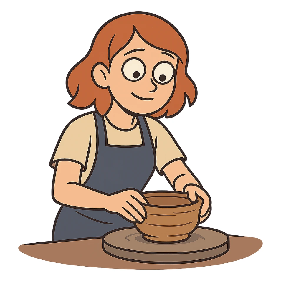 flat toon style girl with shoulder-length red hair making a bowl with clay sticker