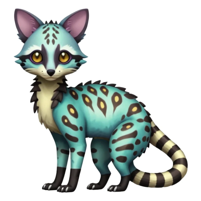 Rare realistic shiny warm-colored lush exotic cute edgy epic futuristic aesthetic gloomy spooky dark modern colorful cyber-Genet-Trico-species-Fakemon-hybrid-creature, with beautiful intricate markings, full body sticker