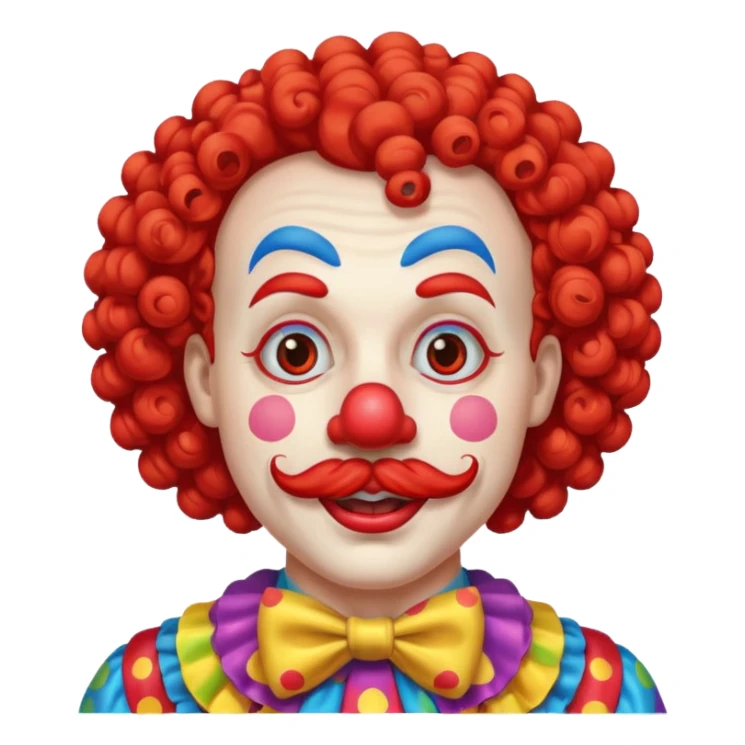 Classic clown — curly mustache, red nose sticker