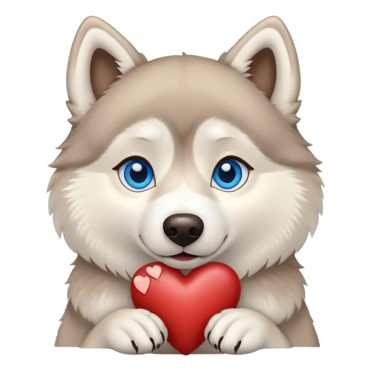 Beige husky with blue eyes holding a brown heart sticker