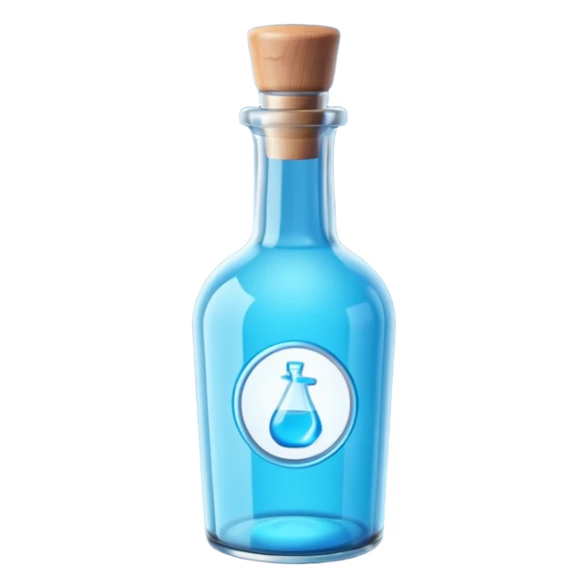 a neon blue motion tiled to the left with a round glass bottle no handle sticker