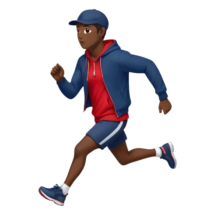 Black Man Wearing Navy Cap. Red hoodie. and running. right side sticker