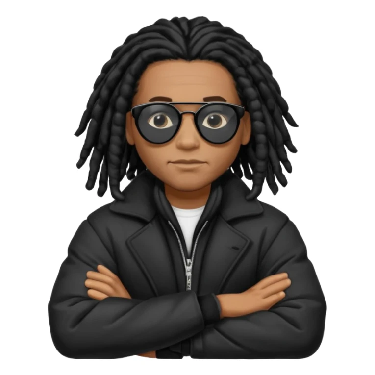African American man with shoulder length black dreadlocks wearing black sunglasses with black bubble winter coat with arms folded sticker
