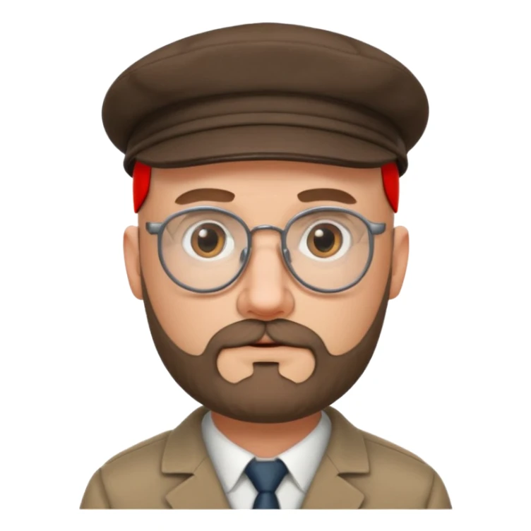 40's white male, bald with short full beard (salt and pepper color brown) with professor glasses and flat cap sticker