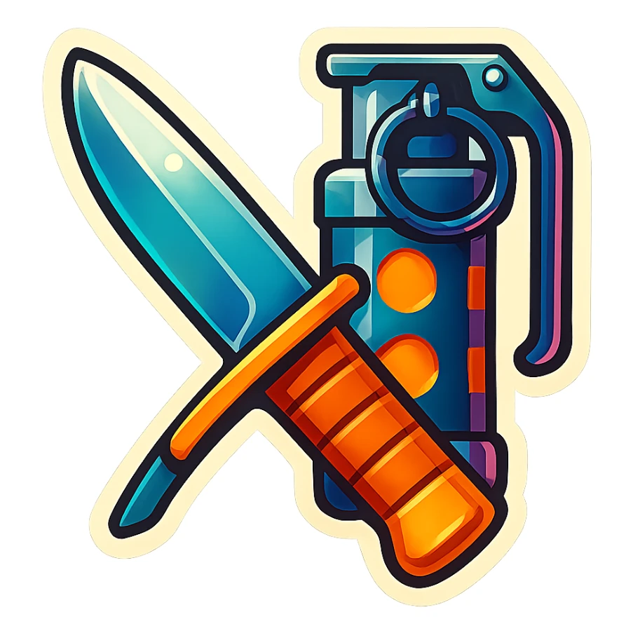 a crossed combat blade and flashbang, square symmetrical framing, 90s futuristic sticker
