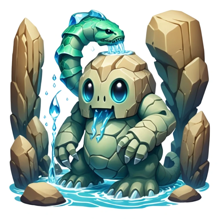 Design a unique elemental sandstone guardian golem creature that combines the crystalline rock golem's defensive fortitude with the spectral water serpent's fluid grace, perhaps creating a being with a segmented stone core that flows like water and channels ghostly aquatic energy through embedded gems. fluorescent bioluminescence between the cracks sticker