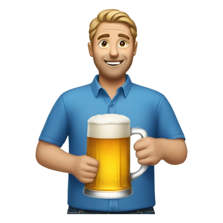 blue shirt portrait of man holding beer sticker