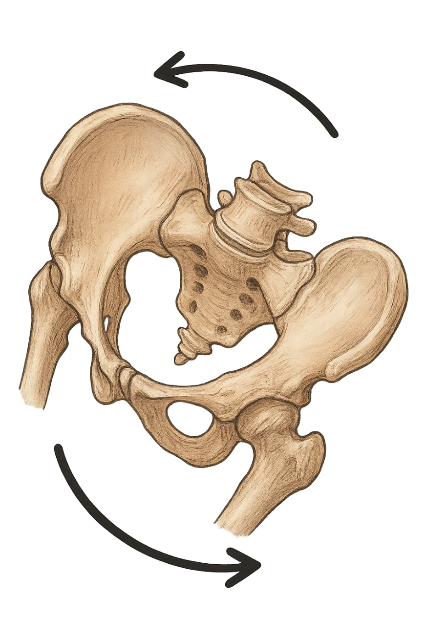 Bacino anatomico ruotato in senso orario con le frecce per far capire sticker