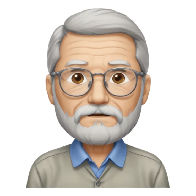 old man with long hair and beard wearing glasses with shirt sticker