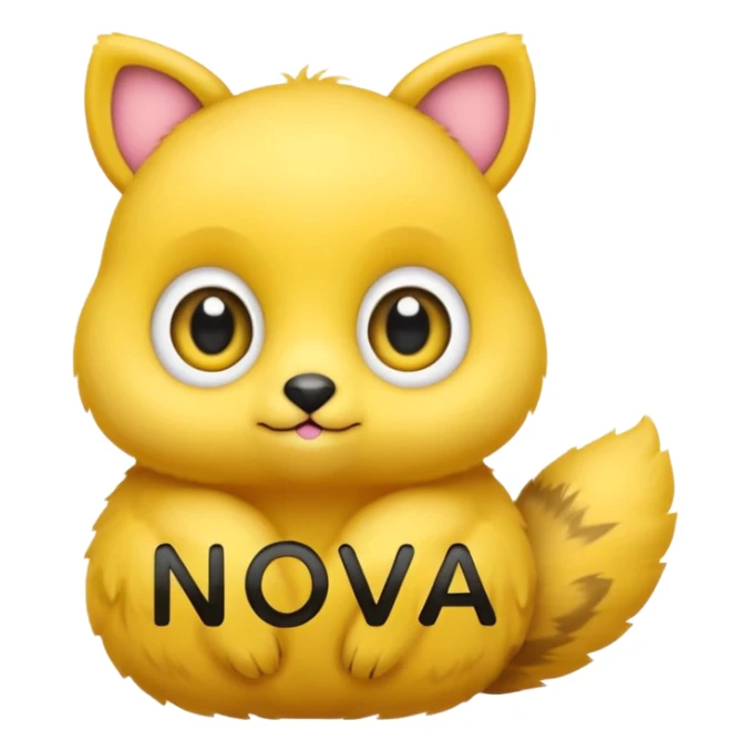 tiny yellow animal with big eyes holding 'N.O.V.A.' text, adorable and friendly, emoji style sticker