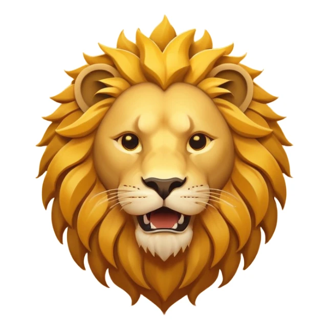Roaring lion head icon, flat design, simple shapes, golden mane, sun behind, minimal details, solid colors, app icon style sticker