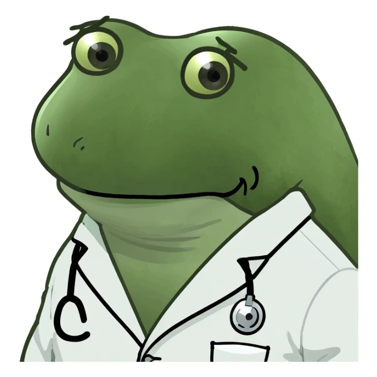 bufo frog in a white medical coat, sad eyes, facing forward sticker