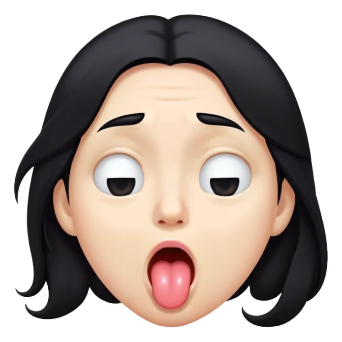 surprised and disgusted face with long black hair, goopy white liquid on cheeks, lips, and tongue, tongue sticking out, eyes shut, expressive face sticker
