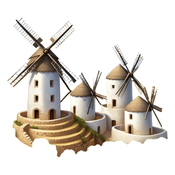 ​Cinematic Realistic Spanish Windmills (Mota del Cuervo), depicted as a cluster of gracefully aged windmills with weathered whitewashed facades and rustic wooden sails, standing proudly on a sunlit, rolling hillside of golden fields and olive groves, rendered with intricate textures and soft natural lighting that captures the timeless rural charm and historical significance of the Spanish landscape, sticker