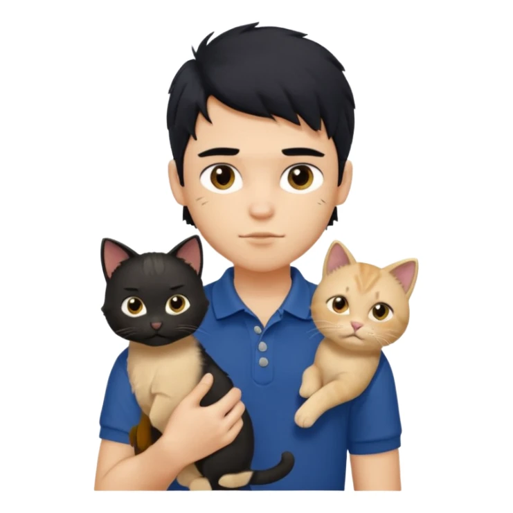 generate a pretty fair bratz boy with a messy mullet (black hair), wearing a dark blue polo.  holding a beige cat sticker