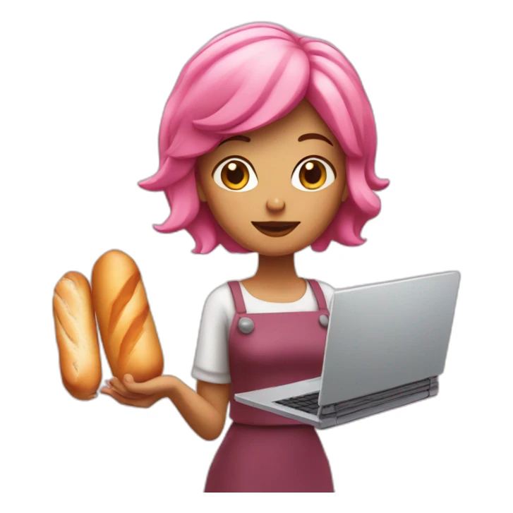lady with pink Hair holding a baguette and a laptop sticker