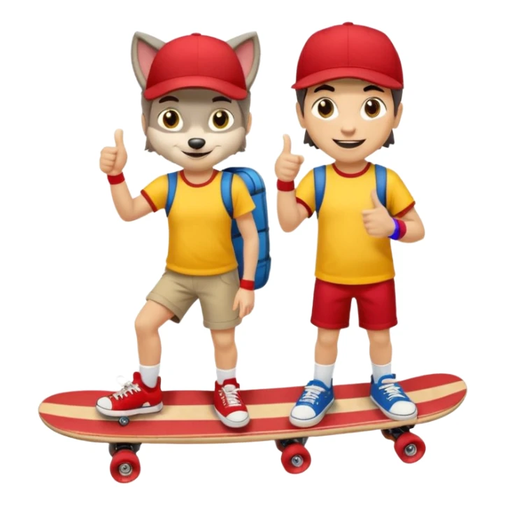 A gray wolf with large, expressive eyes and a friendly smile. The gray wolf is wearing a bright yellow T-shirt, red shorts, white knee socks, and sneakers. The baseball cap is worn backwards. The wolf holds a skateboard in one hand and gives a thumbs-up with the other, a confident and cheerful pose. sticker
