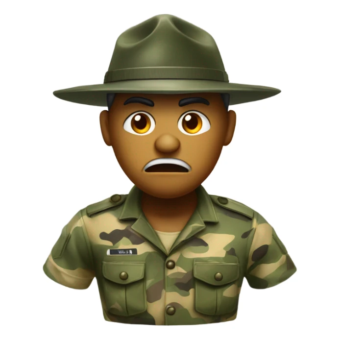drill sergeant character wearing a classic sergeant hat and a camouflage army shirt. The character should have an angry intense expression. full torso sticker