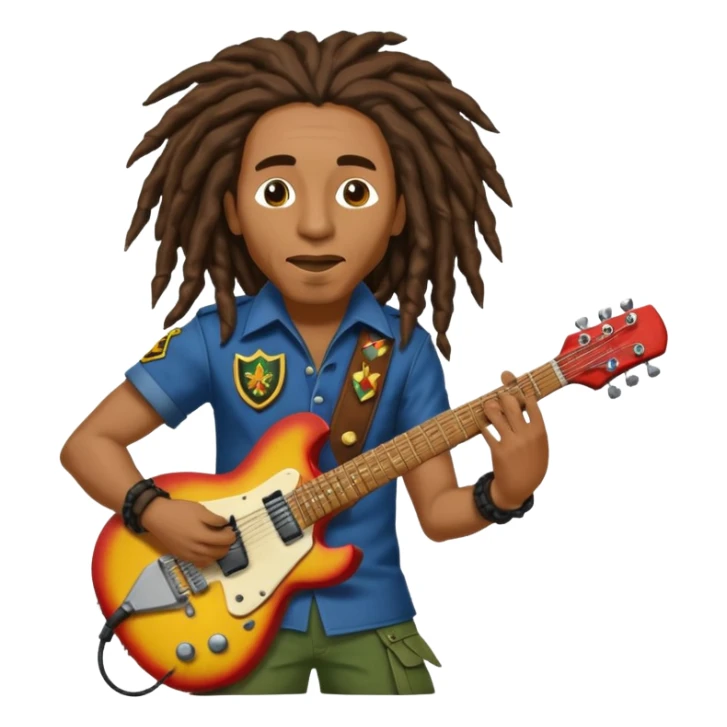 Bob Marley with dread locks play electric guitar in form heraldic crest sticker