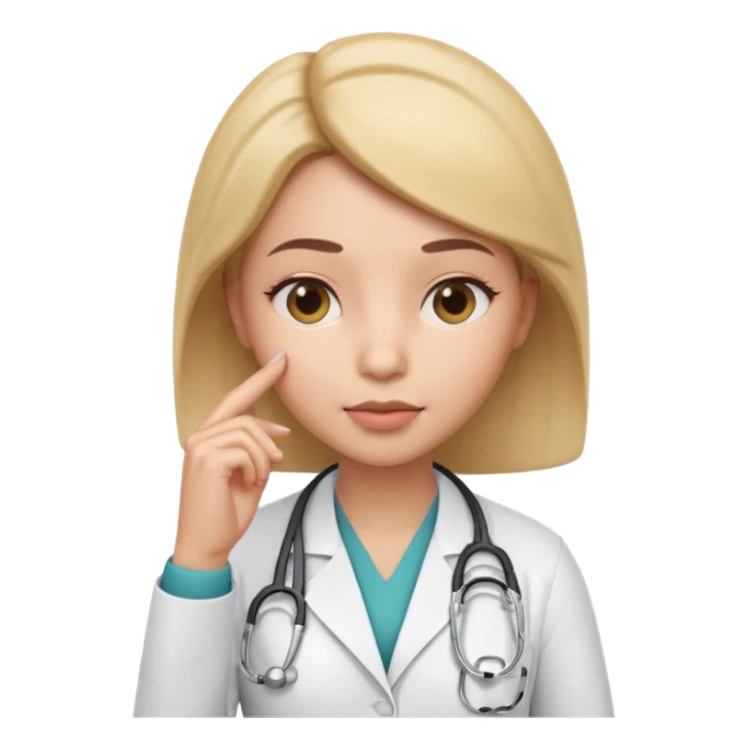 3D memoji female doctor, hand touching chin in thinking pose, thoughtful expression, slightly narrowed eyes, professional medical look, isolated PNG sticker