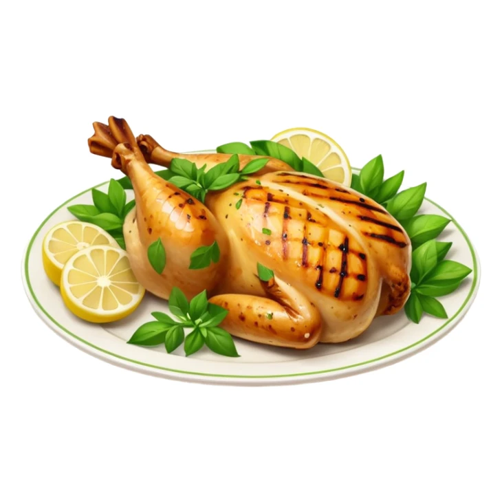 Draw a grilled chicken on a plate with herbs & lemon slices. sticker