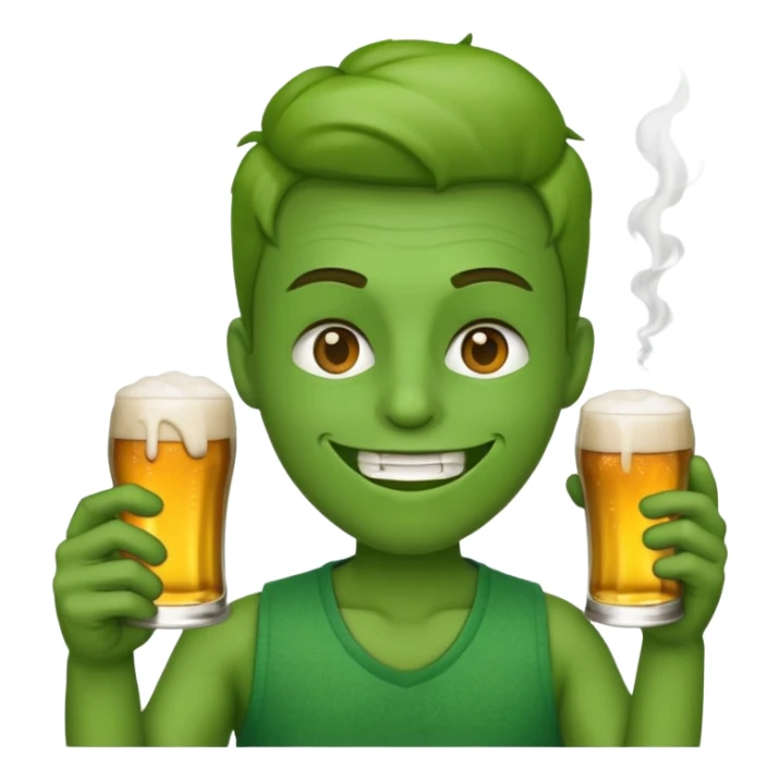 An emoji smoking a joint and holding a beer sticker