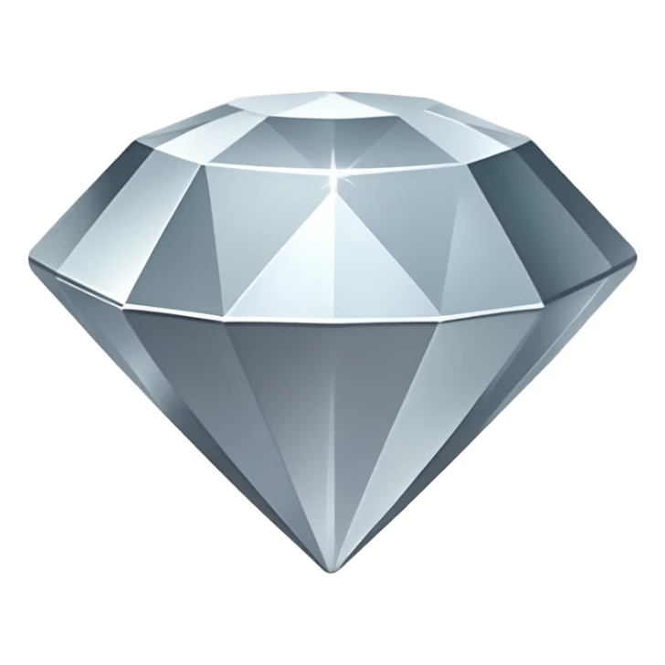 A faceted diamond emoji made of silver chrome, smooth reflective surfaces, soft metallic shine, minimalistic and clean design, iOS emoji style, centered on white background, soft studio lighting sticker