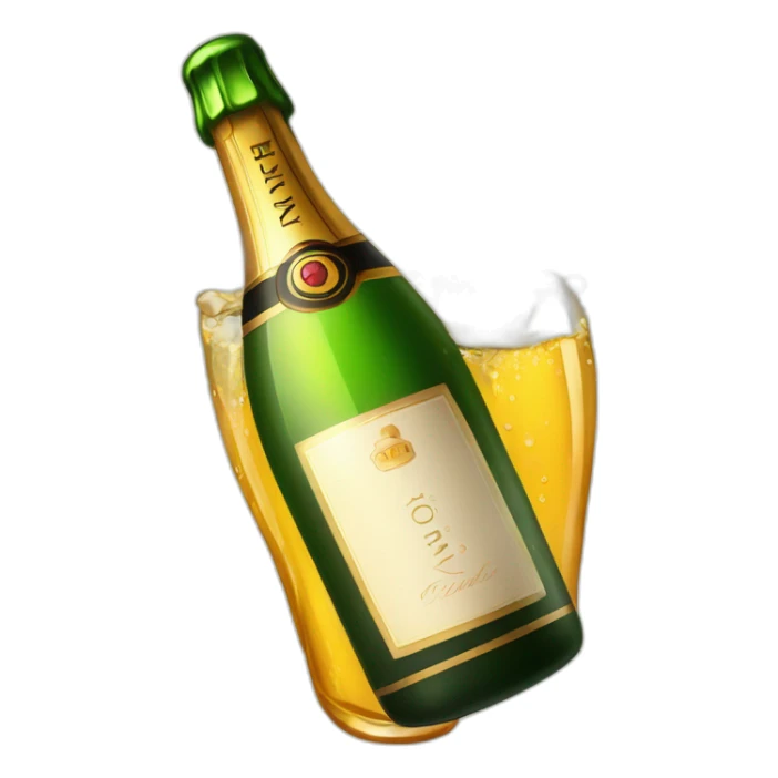 champagne bottle with popping cork popping and dripping wine and foam sticker