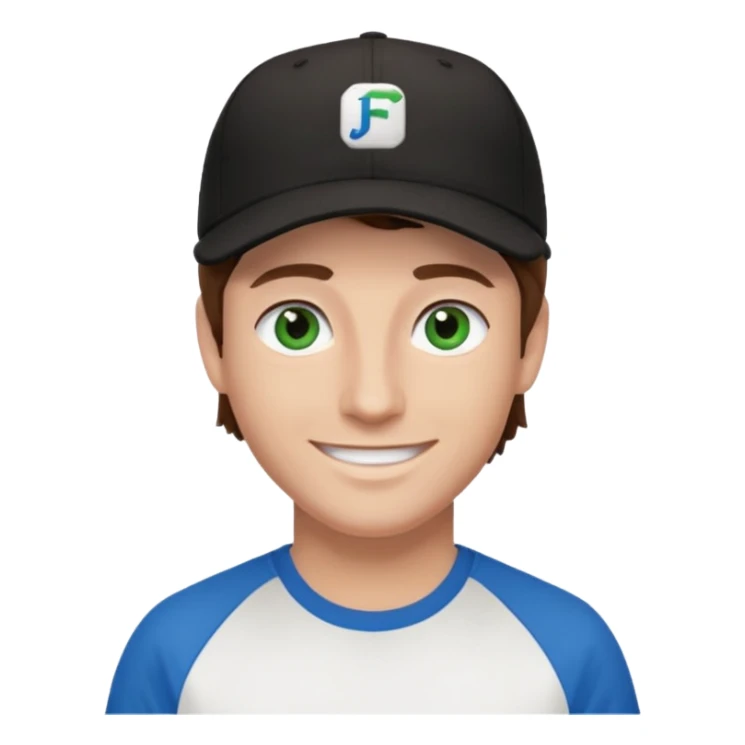 Brown hair man white tshirt black baseball hat green/blue eyes sticker