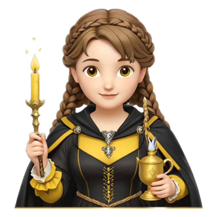 Helga Hufflepuff,the Hogwarts founder of Hufflepuff,brown-haired,2braids,yellow-black medieval dress with black cloak decorated with gold braiding,flickering magic wand and tiny two-handled shiny gold cup engraved with the badger silhouette,very kind smile,curvy busty sweet sticker