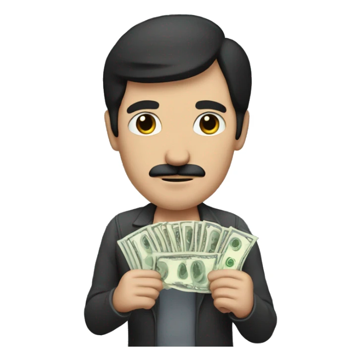 dark hair dark eye man with short mustache holding money sticker