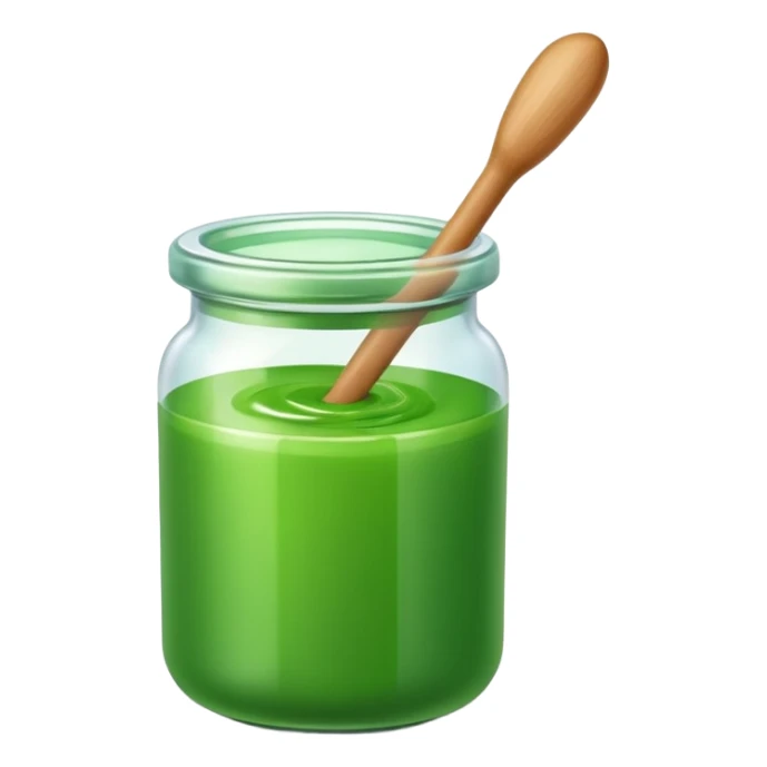 A small open plastic jar of vibrant green wax, wooden stick inside sticker