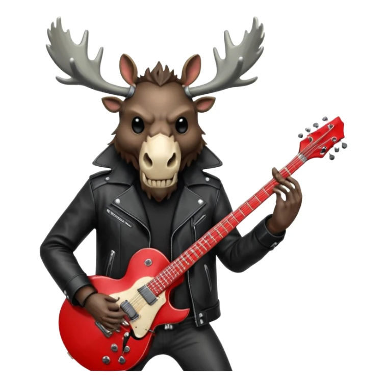 A evil moose headed man with a red electric guitar. The guitar should be pointing directly in the air. And the moose man should look evil and intimidating. match the style of your bleeding skull art , it needs to be much "less cartoonist looking". sticker