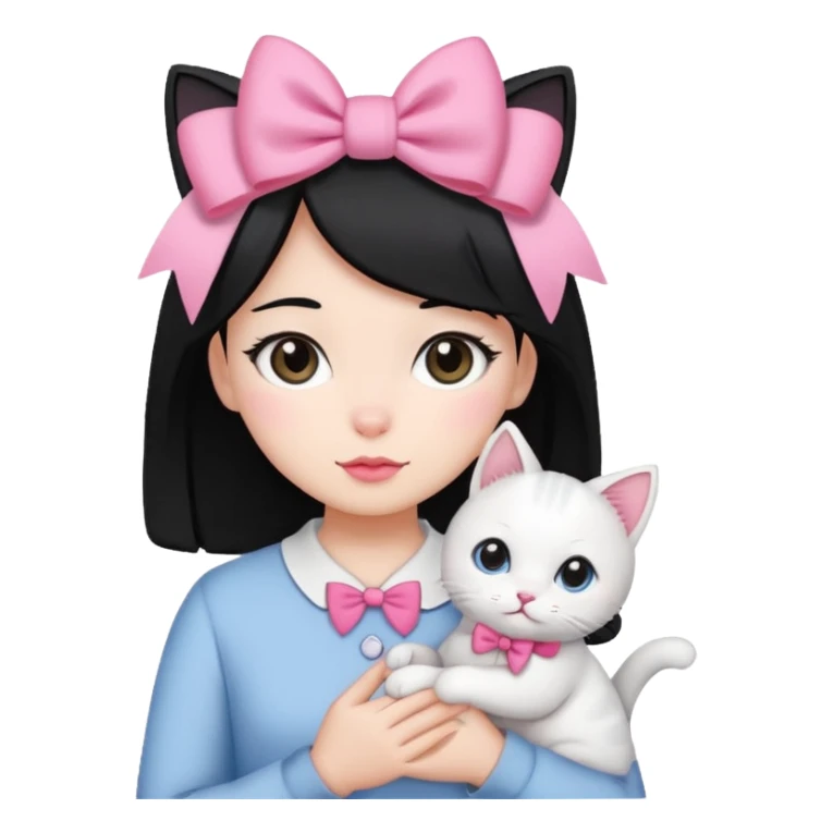 A gurl black hair with one pink bow holding one white cat sticker