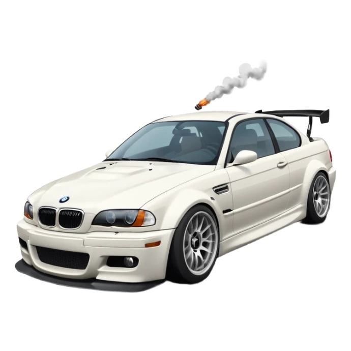 

A white BMW M3 E46, seen from behind at a certain angle, is drifting through a corner; the wheels are not straight, they are changing according to the rotation of the drift. sticker
