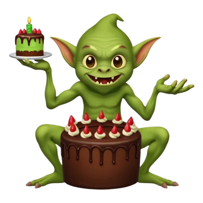 Evil Goblin eating cake with long arms and short legs sticker