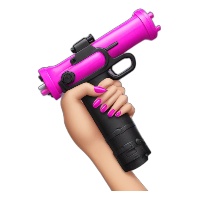 hand with pink nails holding large scary black water gun sticker
